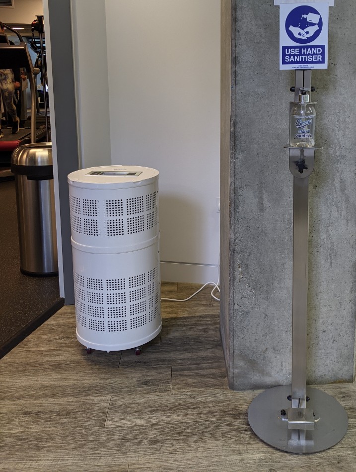 Rensair hospital-grade air purifier in Train Fitness entrance
